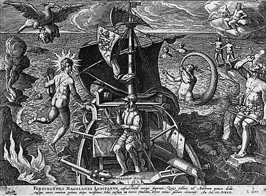 Magellan franchissant son détroit, gravure d'après Jan van der Straet